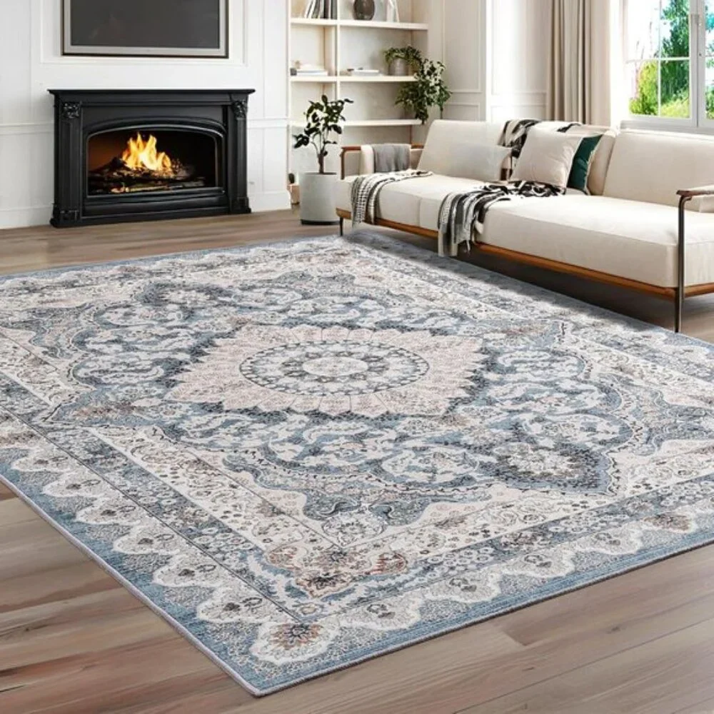 New 6x9 Blue Vintage Washable Rug Non-Slip Low Pile Carpet for Home & Room